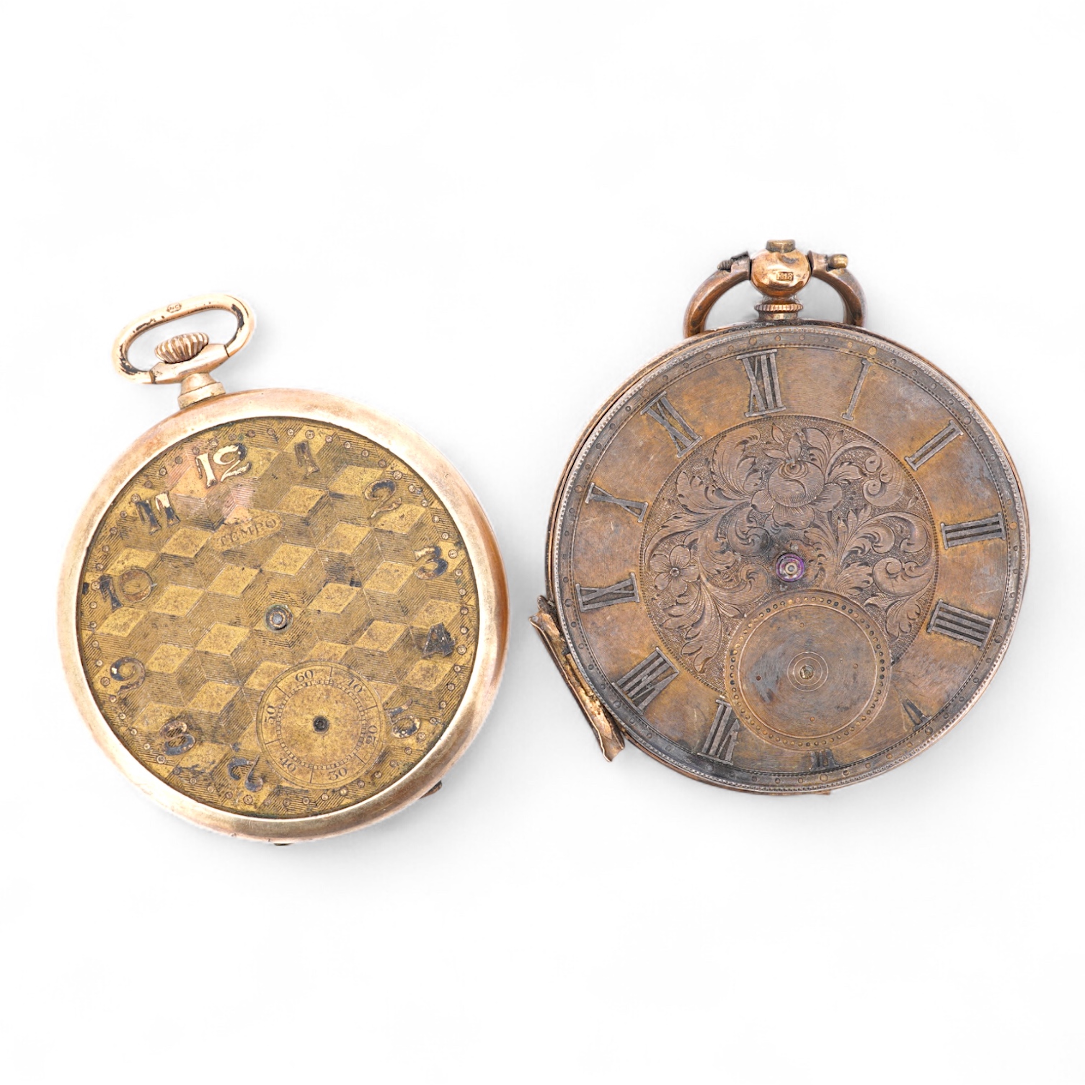 A damaged continental 18k lever pocket watch, together with a rolled gold pocket watch in similar condition.